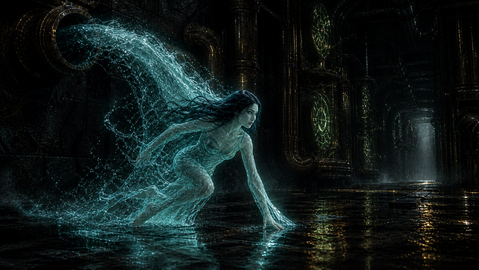 Asra emerges from a descending arc of blue-green water inside a dark fortress.