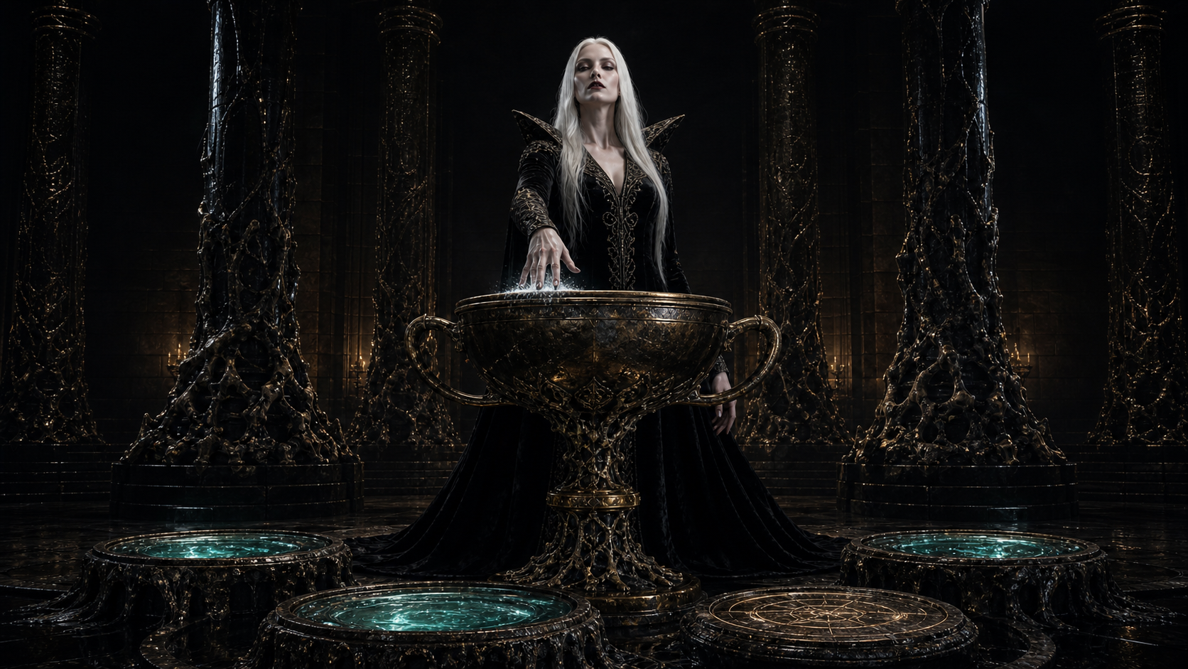The sorceress Vexis stands behind an ornate empty Chalice in a black hall.